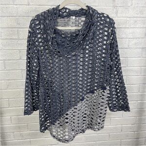 Lulu B Open Knit Cowlneck Tunic Top Colorblock Womens XL Gray Blue Coastal Artsy